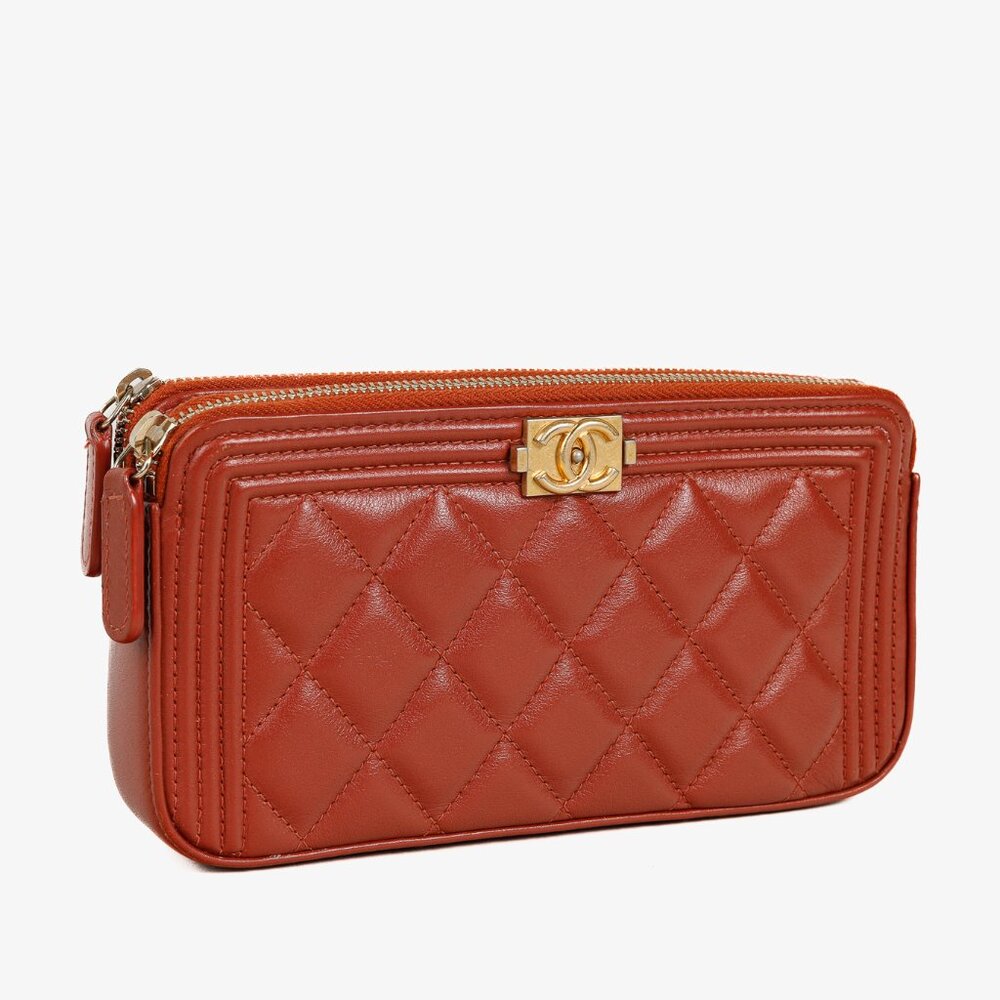 Chanel Red Grained Calfskin GHW Quilted Small Boy Clutch With Chain